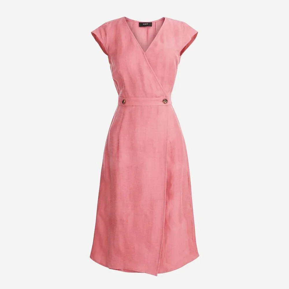 J. Crew Linen Cupro V-Neck Cap Sleeve Sheath Wrap Dress in Pink Coral, size 8T